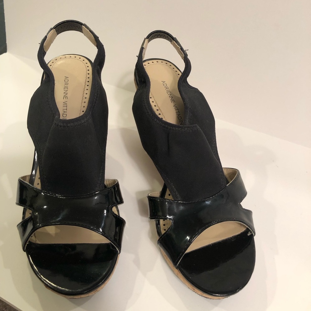 Adrienne Vittadini- Womens Coralee Black Strap cork Wedges Size 7.5.